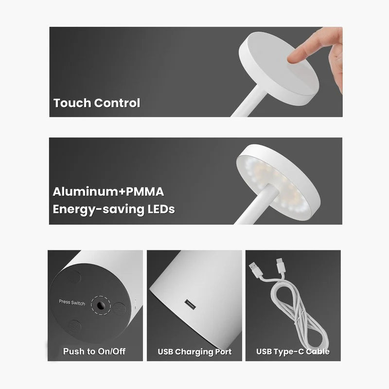 Aura Touch LED Table Lamp – Minimal Rechargeable, Dimmable & Cordless LED Light